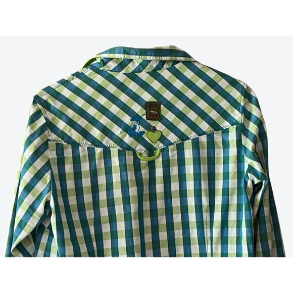 Spieth & Wensky Women's Size 42 Teal Lime Green White Plaid V-Neck Shirt - Picture 5 of 6
